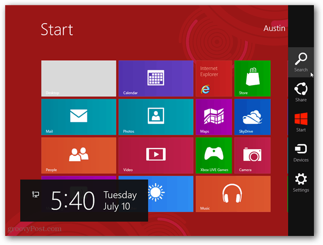 Windows 8 viehätysvalikko