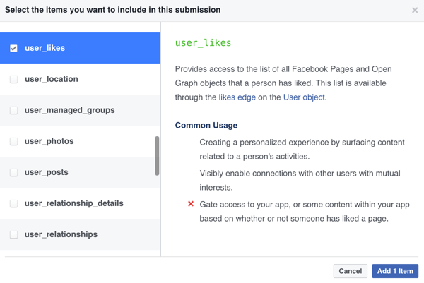 Valitse kohteet, jotka haluat sisällyttää Facebook-sovelluksen lähetykseen.
