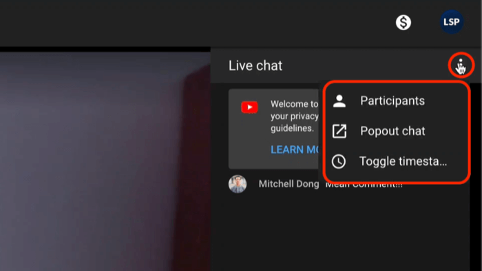 youtube-live-chat-valikkovaihtoehdot, mukaan lukien osallistujien katselu ja keskustelun avaaminen paremman katselun ja valvonnan takaamiseksi