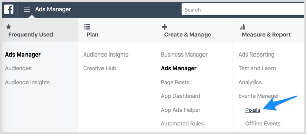 Käytä Facebook-pikseliä Ads Managerin kautta.