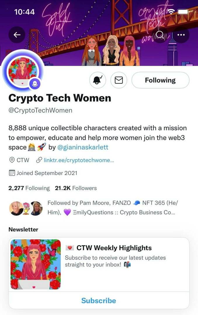 vinkkejä-nft-yhteisön rakentamiseen ennen projektin käynnistämistä-twitter-crypto-tech-women-example-1