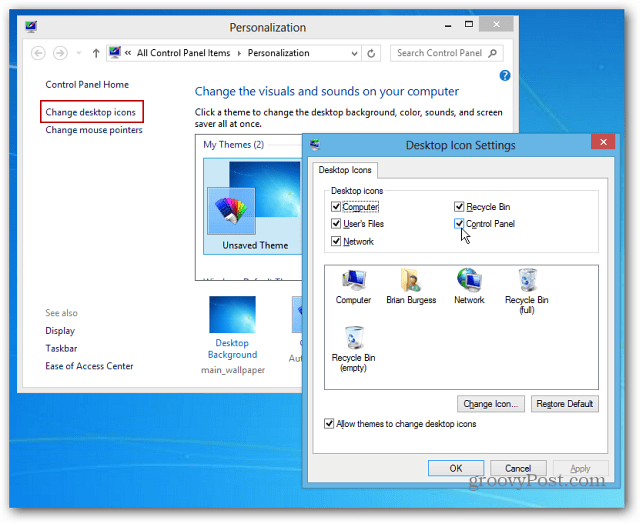 Ohjauspaneelin kuvakkeen kiinnittäminen Windows 8: n tehtäväpalkkiin