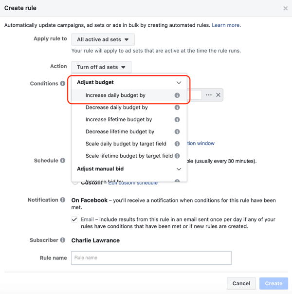 Käytä Facebookin automatisoituja sääntöjä, lisää budjettia, kun ROAS on suurempi kuin 2, askel 1