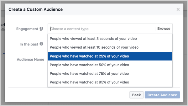 Mukautettu Facebook-yleisö, joka perustuu 25%: n videonäkymään.