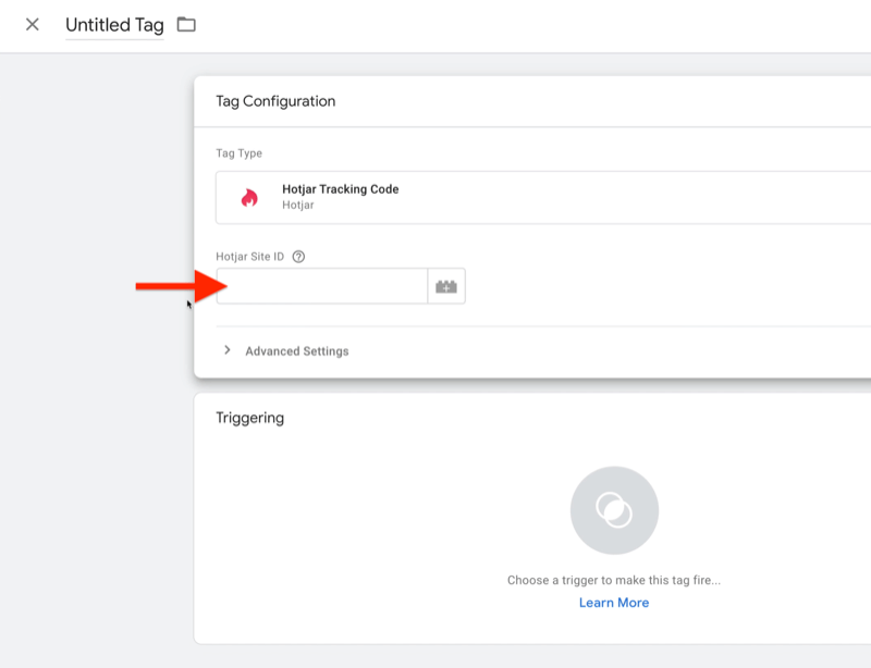 uusi google tag manager -tagi, jossa uusi hotjar-sivustotunnuskenttä on korostettu, valitun tagityypin vuoksi valittu hotjar-seurantakoodi