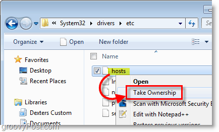 Windows 7 -kuvakaappaus - käytä hiiren kakkospainikkeella varustettua pikavalikkoa saadaksesi kaikki Windows 7: n tiedostot omistukseen