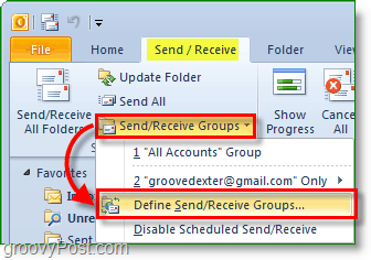 Outlook 2010 -näyttökuva - lähetä ja vastaanota ryhmiä - määritä ryhmät