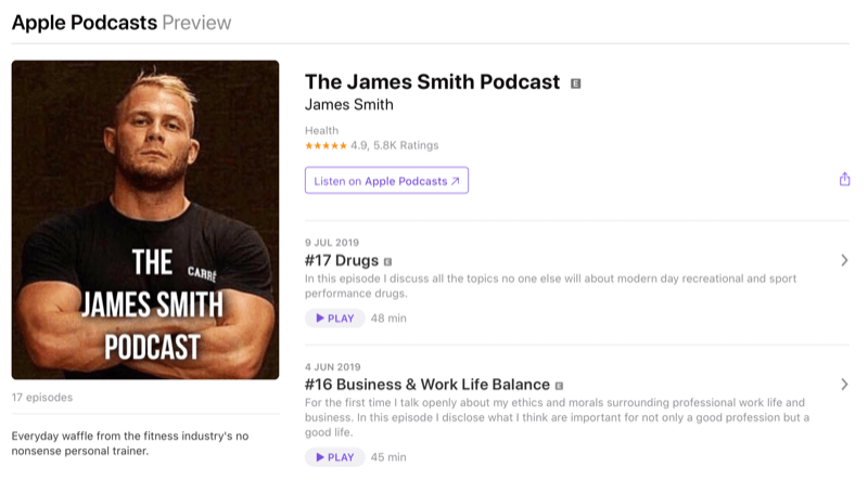 Sosiaalisen median markkinointistrategia; Näyttökuva James Smithin podcastista Apple Podcastsissa. James on tunnettu kuntosalin vaikuttaja.