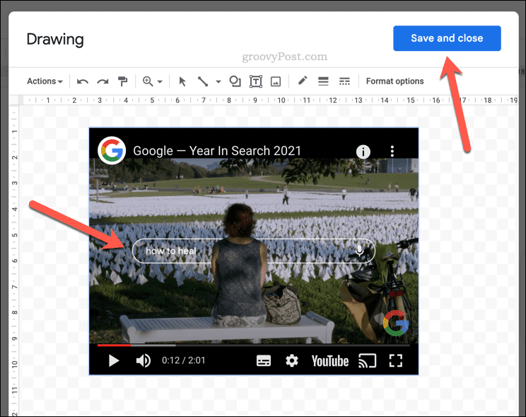 YouTube-videon toistaminen Google Docs -piirustuksen sisällä