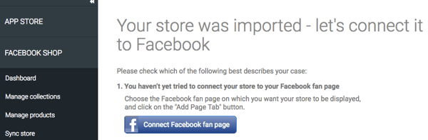 Kun kauppa on tuotu StoreYa-sovelluksen kautta, varmista, että se on yhteydessä Facebookiin.