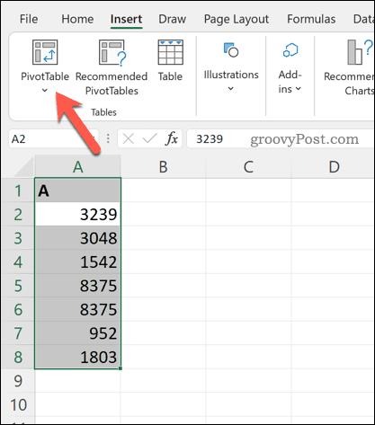 Pivot-taulukon lisääminen Exceliin