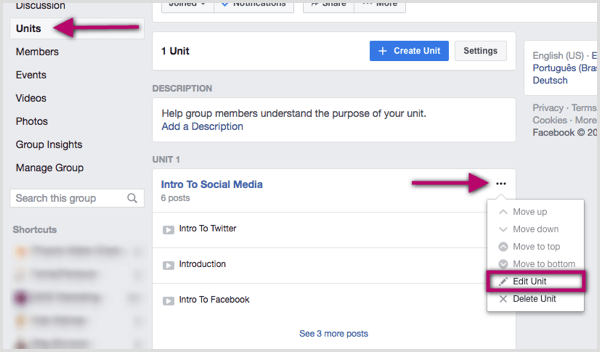 Napsauta muokattavan Facebook-ryhmän yksikön oikealla puolella olevaa kolmea pistettä.