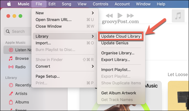 Apple Music -pilvikokoelman päivittäminen Mac Music -sovelluksessa