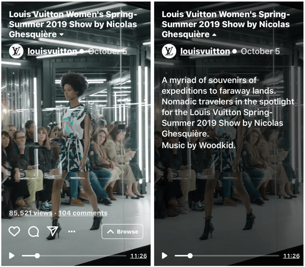 Esimerkki Louis Vuittonin IGTV-esityksestä naisten kevät-kesä 2019 -muotinäytöksessä.