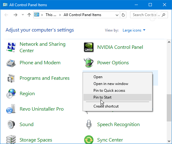 Pin-ohjauspaneelin kohta Windows 10 Käynnistä