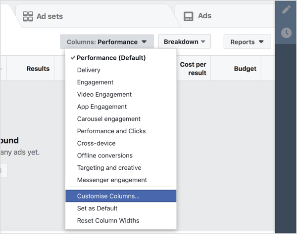 Siirry Facebook Ads Manager -hallintapaneeliin ja valitse avattavasta Sarakkeet-valikosta Muokkaa sarakkeita.