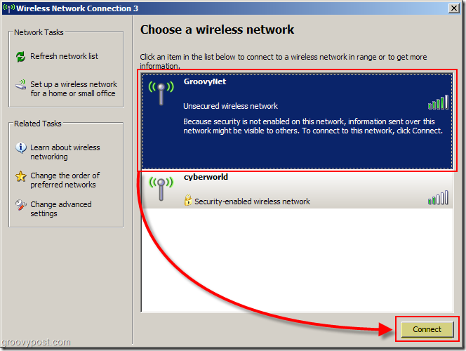 Windows XP -valikko langattoman verkon valitsemiseksi:: groovyPost.com