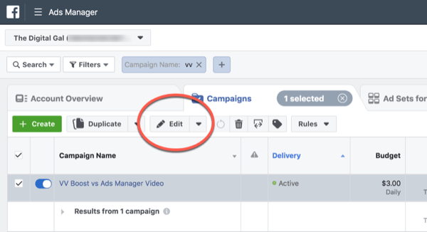 Facebook ThruPlay Optimization for 10-seconds views -kampanjan muokkaus, vaihe 1.