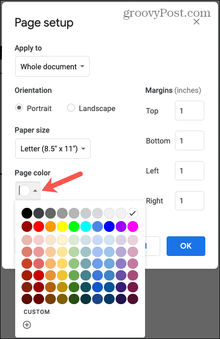 Google Docs -sivun väri
