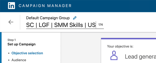 kuvakaappaus LinkedIn-kampanjan nimestä muokattu sanomaan 'SC | LGF | SMM-taidot | MEILLE'