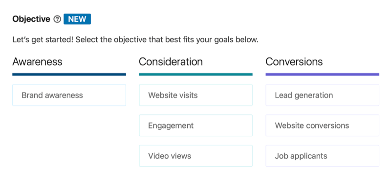 linkedin-mainoskampanjan tavoitteiden luettelo, mukaan lukien tarkasteltavat videonäkymät