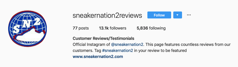 toissijainen Instagram-tili SneakerNation2-arvosteluille