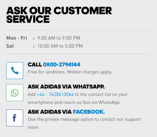 Puhelinnumeron lisäksi Adidas sisältää WhatsApp- ja Facebook Messenger -linkit asiakaspalveluvaihtoehtoihin.