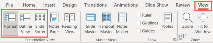 PowerPoint normaali-, ääriviiva- ja dialajittelunäkymä