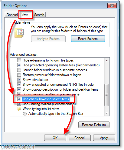 Windows 7 -kuvakaappaus - kansion asetusnäkymä ja valintaruudut kohteiden valitsemiseksi