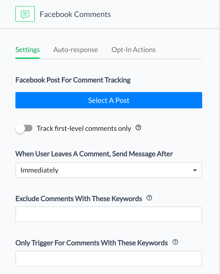 Valitse Facebook-viesti ja kirjoita avainsana, jonka käyttäjät kirjoittavat kommentteihin botin käynnistämiseksi.