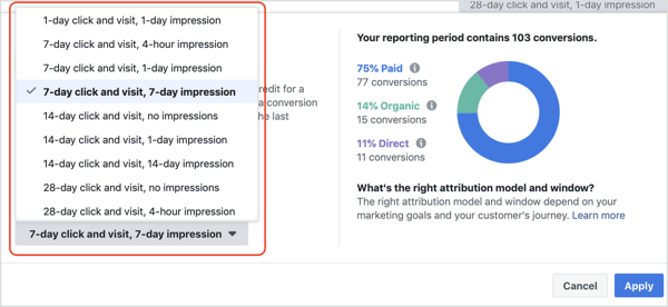 Nimeämisikkuna-pudotusvalikko Facebook Attribution -työkalussa