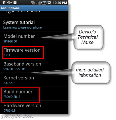 android-firmware ja rakennusnumero, myös mallinumero