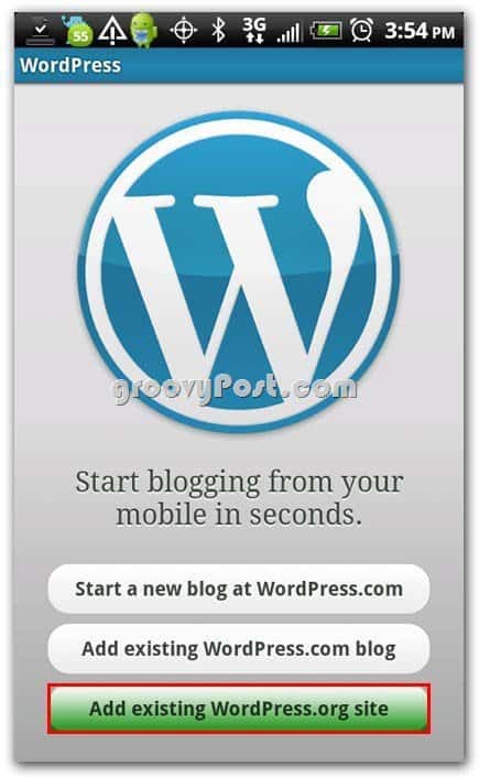 Wordpress Android-asetusvalikossa - Lisää olemassa oleva Web-sivusto