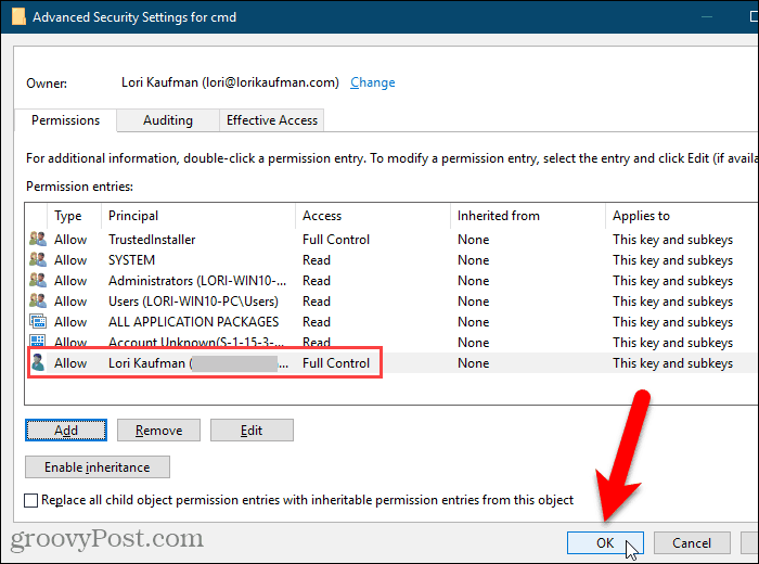 Sulje Windowsin rekisterin Advanced Security Settings -valintaikkuna