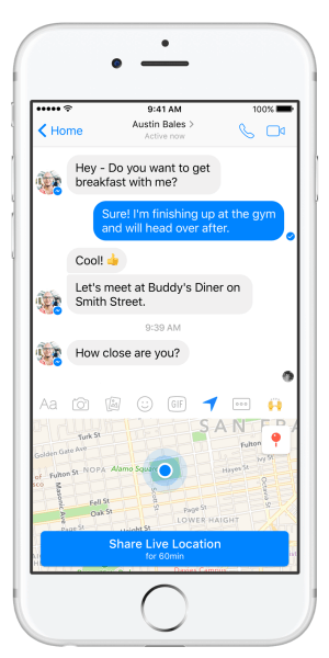 Facebook Messenger esittelee Live Location -ominaisuuden.