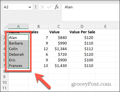 Excel valitse alue