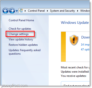 Windows 7 - Windows Update -konfiguraatiolinkin näyttökuva