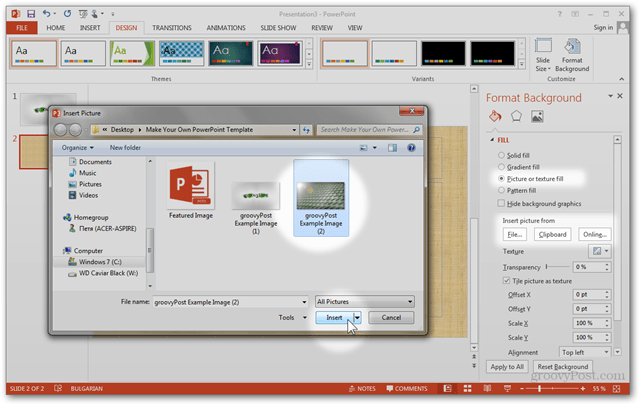 Office 2013 -malli Luo mukautetun suunnittelun tekeminen POTX: n mukauttamiseksi diaesitykset - Opetusohjelma Kuinka alustaa tausta mukautettujen kuvien tuonti