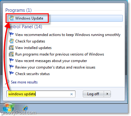 Käynnistä Windows 7 Windows Update: näyttökuva