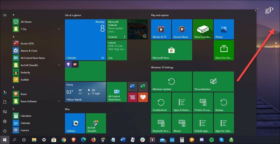 Windows 10: n Käynnistä-valikon koon muuttaminen