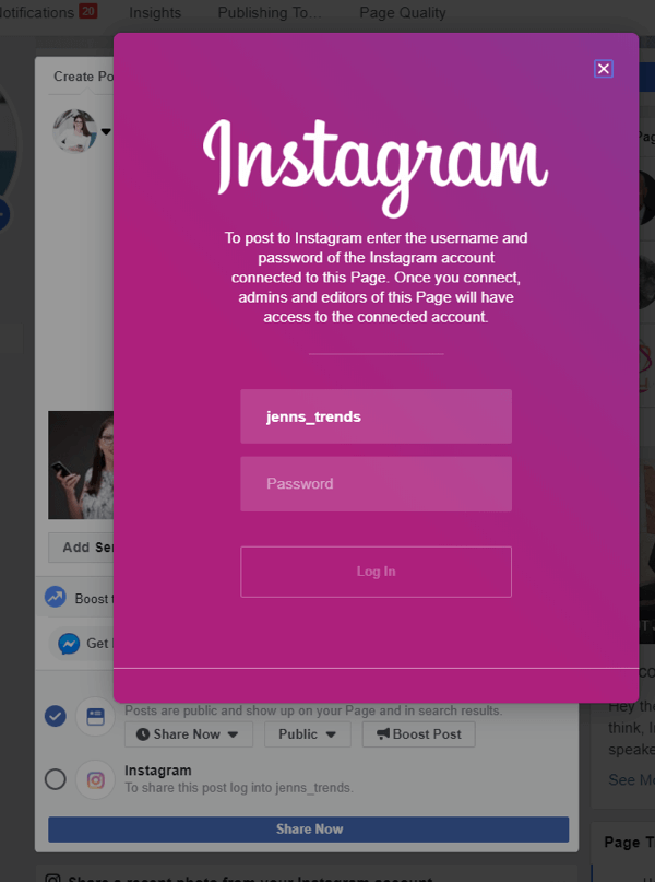 Kuinka lähettää postitus Instagramiin Facebookista työpöydällä, vaihe 4, kirjaudu sisään Instagramiin