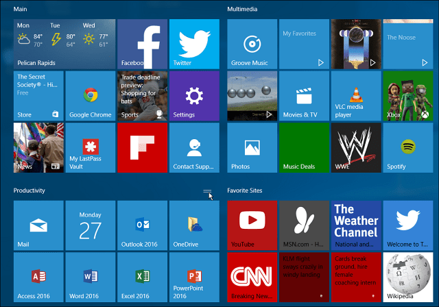 Windows 10-laattaryhmät aloittavat valikon suuret