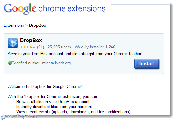 Dropbox Google Chromelle laajennuksena, jonka on kirjoittanut michaelyork.org