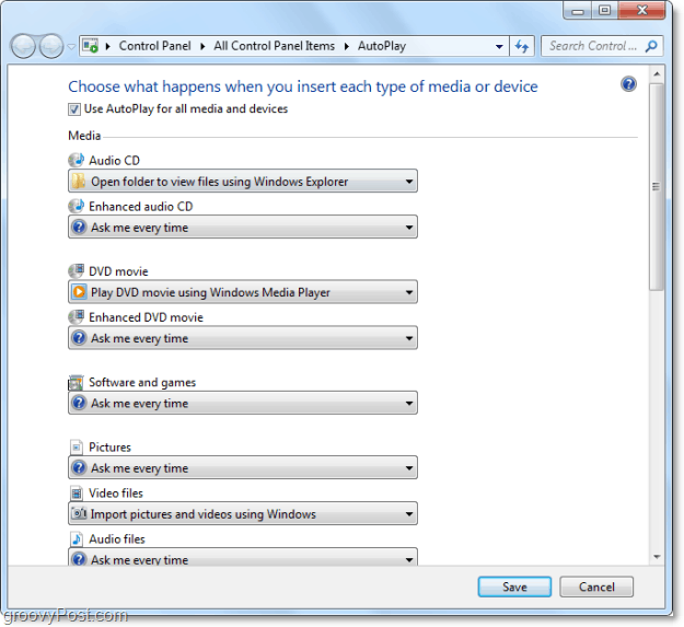 säädä, kuinka automaattinen toisto avaa mediaa windwos 7: ssä