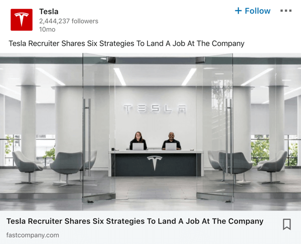 Esimerkki Tesla LinkedIn -yrityksen sivupostituksesta.