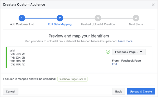 Kun tuot Messenger bot -tilaajaluettelosi mukautetun yleisön luomiseksi, Facebook kartoittaa heidän Facebook-käyttäjätunnuksensa, joka on sidottu heidän profiiliinsa.