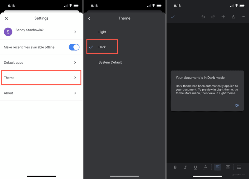 Ota tumma tila käyttöön Google-dokumenteissa iPhonessa