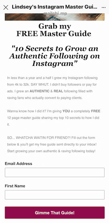 esimerkki lyijymagneetin aloitussivusta, jota mainostetaan Instagram-tarinassa