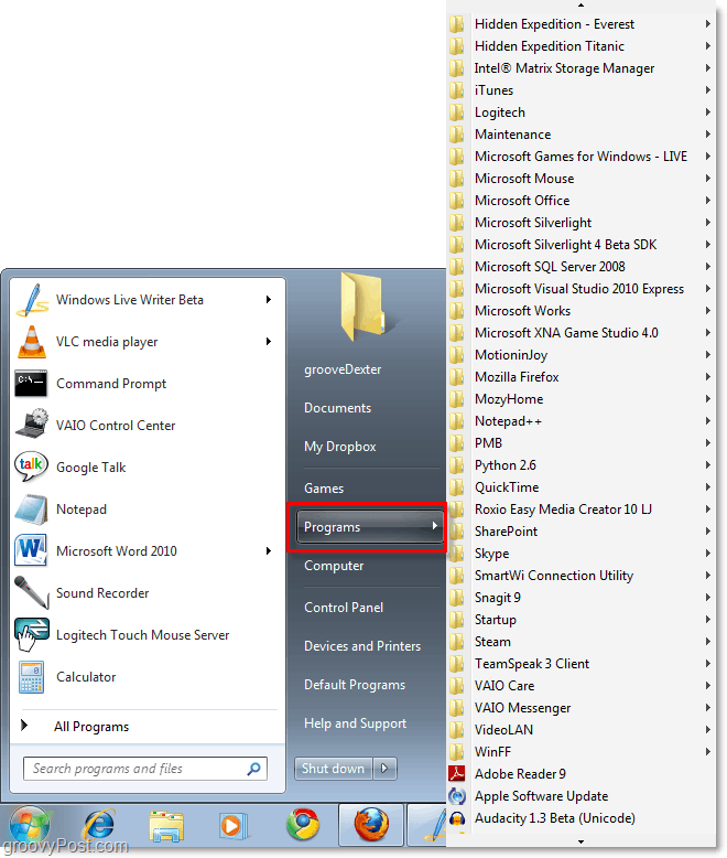 Windows 7 Käynnistä-valikko xp klassisella. Kaikki ohjelmat Käynnistä-valikko