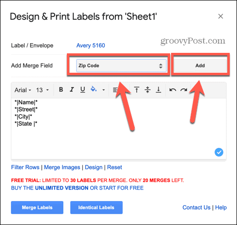 Google Sheets lisää etikettikenttä